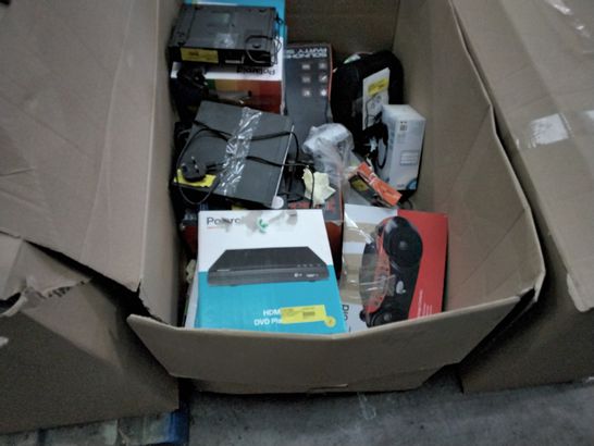 BOX OF ASSORTED ELECTRONIC ITEMS TO INCLUDE CANON PIXMAP TS3350 PRINTER, PANASONIC BLU-RAY PLAYER, POLAROID CD BOOMBOX, ONE FOR ALL UNIVERSAL TV MOUNT, TRUST UNIVERSAL LAPTOP CHARGER, ETC