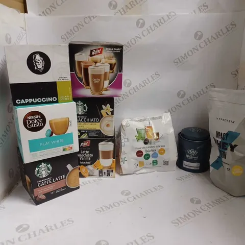 LOT OF APPROXIMATELY 9 ITEMS TO INCLUDE STARBUCKS CAFFE LATTE POD, MYPROTEIN IMPACT WHEY PROTEIN (NATURAL BANANA), WHITTARD EARL GREY BLACK TEA FLAVOURING (100g), ETC