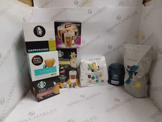 LOT OF APPROXIMATELY 9 ITEMS TO INCLUDE STARBUCKS CAFFE LATTE POD, MYPROTEIN IMPACT WHEY PROTEIN (NATURAL BANANA), WHITTARD EARL GREY BLACK TEA FLAVOURING (100g), ETC