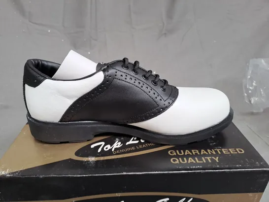 BOX OF APPROXIMATLY 12 BLACK AND WHITE TOP LINE GOLF SHOES IN VARIOUS SIZE 