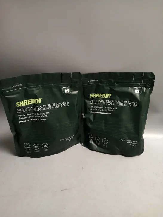 LOT OF 2 SHREDDY SUPERGREENS PRE & PROBIOTIC FOOD SUPPLEMENT MANGO & PINEAPPLE FLAVOUR