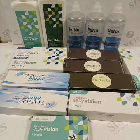 BOX TO CONTAIN APPROX. 25 X ASSORTED VISION CARE PRODUCTS. INCLUDES CONTACT LENSES AND CLEANING SOLUTION. BRANDS VARY 