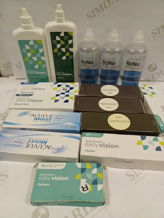 BOX TO CONTAIN APPROX. 25 X ASSORTED VISION CARE PRODUCTS. INCLUDES CONTACT LENSES AND CLEANING SOLUTION. BRANDS VARY 