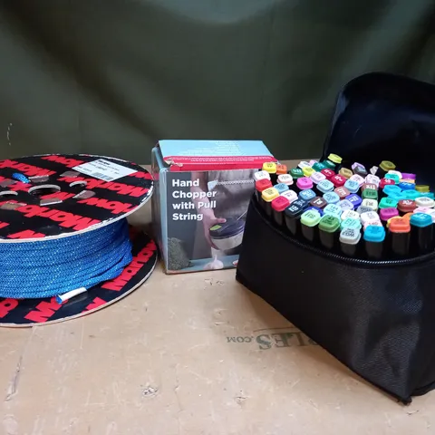 BOX OF APPROXIMATELY 20 ASSORTED ITEMS TO INCLUDE MARLOW EXCEL TAPER 6MM ROPE, HAND CHOPPER WITH PULL STRING, BAG OF TWIN MARKERS IN VARIOUS COLOURS, ETC