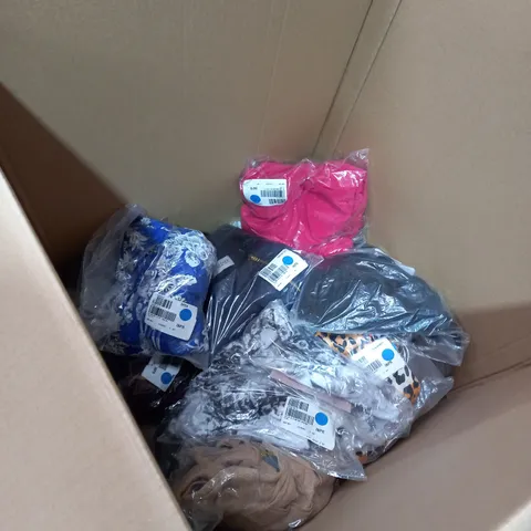 BOX OF APPROXIMATELY 15 CLOTHING ITEMS PANTS, JACKETS, TOPS ETC