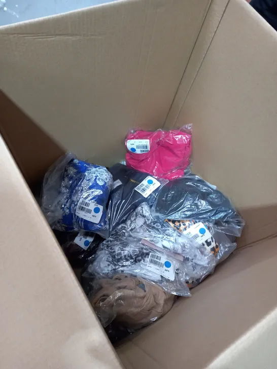 BOX OF APPROXIMATELY 15 CLOTHING ITEMS PANTS, JACKETS, TOPS ETC