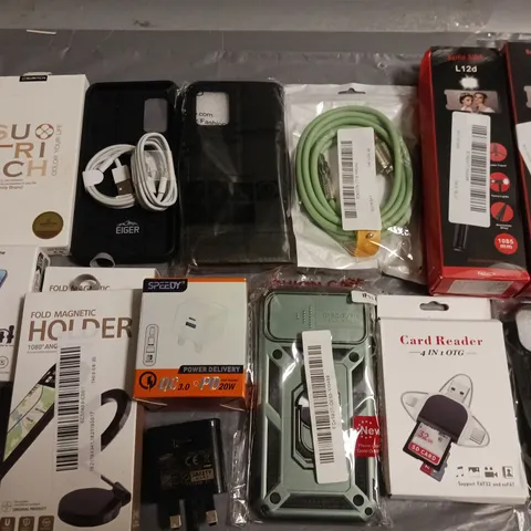 LOT OF ASSORTED MOBILE PHONE ACCESSORIES TO INCLUDE SELFIE STICKS, CARD READERS, CASES AND POWER ADAPTERS