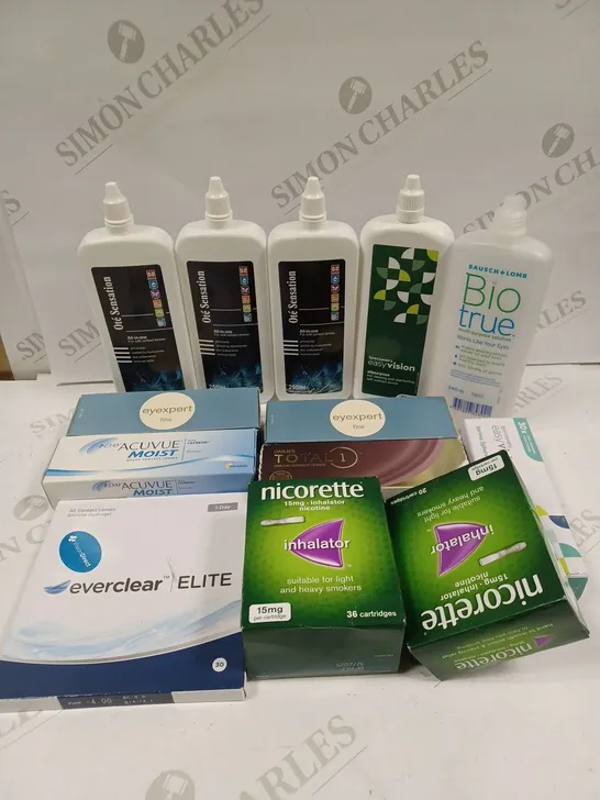 BOX TO CONTAIN APPROX. 25 X ASSORTED VISION CARE & ANTI-SMOKING PRODUCTS. INCLUDES CONTACT LENSES & CLEANING SOLUTION, NICORETTE GUM ETC. - COLLECTION ONLY