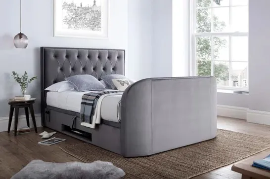 BOXED AMERIGA UPHOLSTERED LYON OTTOMAN KING SIZED TV BED GREY VELVET (4 BOXES)