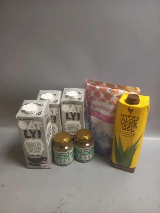 TOTE OF APPROX 8 ASSORTED FOOD ITEMS TO INCLUDE - OAT OAT DRINK 1L - FOREVER ALOE VERA GEL - WILLPOWDERS COLLAGEN PEPTIDES ETC