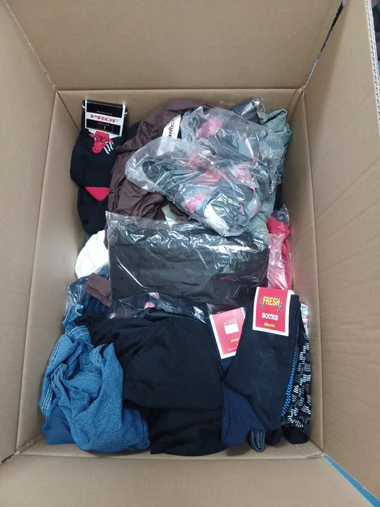 BOX OF ASSORTED CLOTHING ITEMS TO INCLUDE LEGGINGS, UNDERWEAR, TOPS ETC 