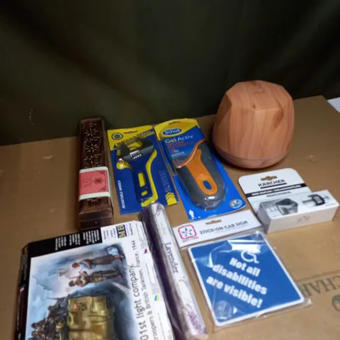 BOX OF ASSORTED ITEMS TO INCLUDE WRENCH, STICK ON CAR SIGNS AND INCENSE BOX