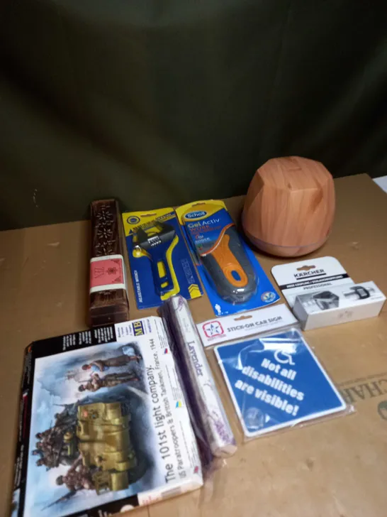 BOX OF ASSORTED ITEMS TO INCLUDE WRENCH, STICK ON CAR SIGNS AND INCENSE BOX