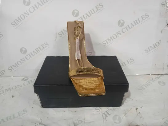 BOXED PAIR OF EGO SUNAK OPEN TOE HEELS IN TEXTURED METALLIC GOLD COLOUR UK SIZE 6