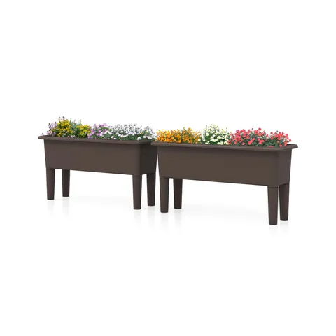 BOXED GIANTEX RAISED GARDEN BEDS OUTDOOR SET OF 2, SELF-WATERING PLANTER BOX WITH DETACHABLE LEGS & DRAINAGE HOLE 