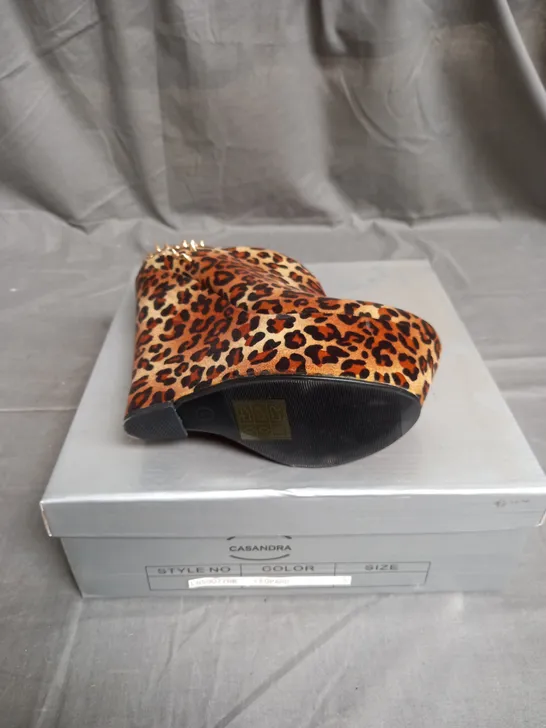 BOX OF 8 PAIRS OF CASSANDRA WEDGE ANKLE BOOTS IN LEOPARD WITH GOLD SPIKES - VARIOUS SIZES