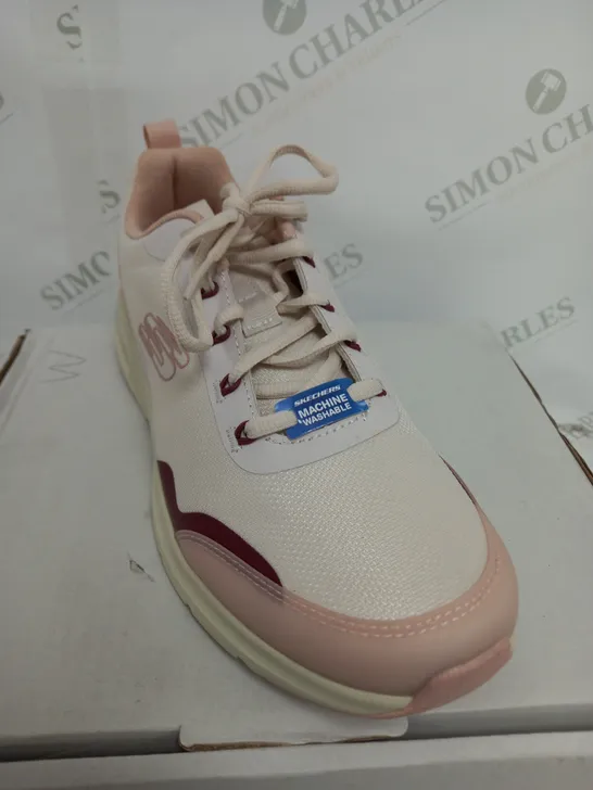 BOXED PAIR OF SKECHERS AIR COURT TRAINERS IN PINK & WHITE SIZE 6.5