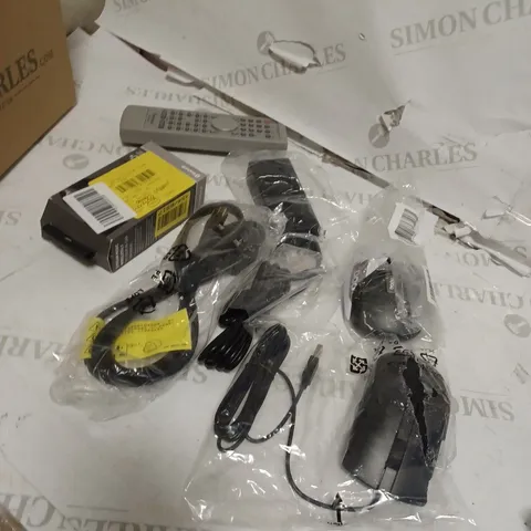 BOX OF ASSORTED ELECTRICALS INCLUDING REMOTE, CHARGERS AND MOUSE