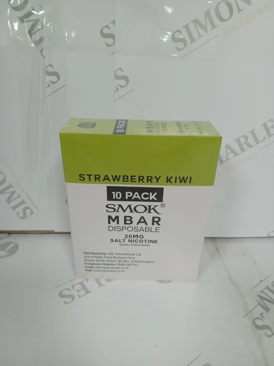 BOX OF APPROXIMATELY 10 BOXES OF STRAWBERRY KIWI 10 PACK SMOK M BAR DISPOSABLE 20MG SALT NICOTINE