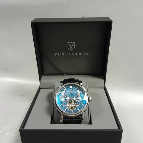 BOXED VONLANTHEN AUTOMATIC WATCH WITH BLUE DIAL BLACK LEATHER STRAP