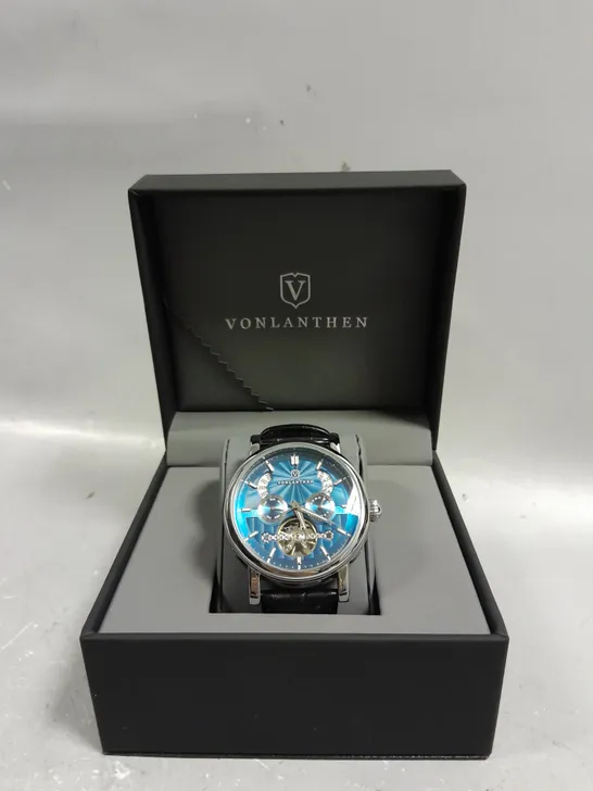 BOXED VONLANTHEN AUTOMATIC WATCH WITH BLUE DIAL BLACK LEATHER STRAP