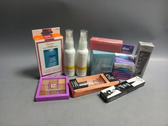 APPROXIMATELY 10 ASSORTED HEALTH AND BEAUTY PRODUCTS TO INCLUDE SALLY HANSEN INSTANT CUTICLE REMOVER, ELF HOLY HYDRATION MAKEUP MELTING CLEANSING BALM, CELYN TEMPORARY EYE TIGHTENER 