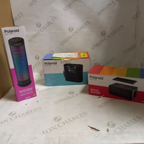 BOX OF APPROXIMATELY 12 DESIGNER ITEMS INCLUDING A POLAROID BLUETOOTH QI CHARGING ALARM CLOCK, POLOROID BLUETOOTH SPEAKER WITH LED LIGHTING AND POLOROID RADIO + ETC 