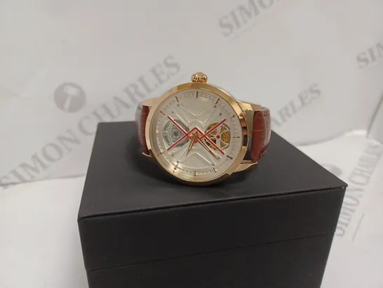 VONLANTHEN MENS AUTOMATIC WATCH - SILVER AND RED TEXTURED DIAL - ROSE GOLD CASE - LEATHER STRAP - DISPLAY BOX