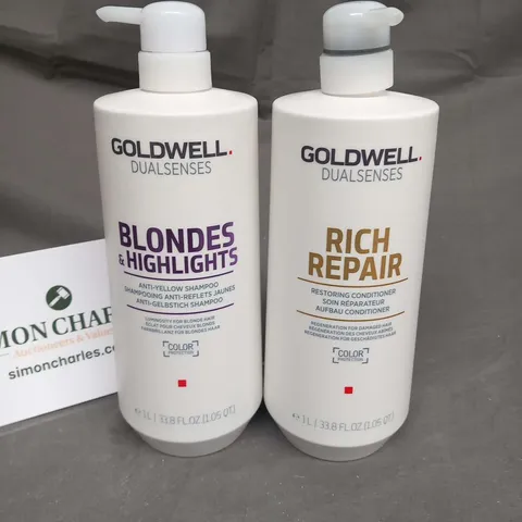 FOUR BOTTLES OF GOLDWELL 1L HAIR PRODUCTS TO INCLUDE; RICH REPAIR RESTORING CONDITIONER AND BLONDES AND HIGHLIGHTS ANTI YELLOW SHAMPOO