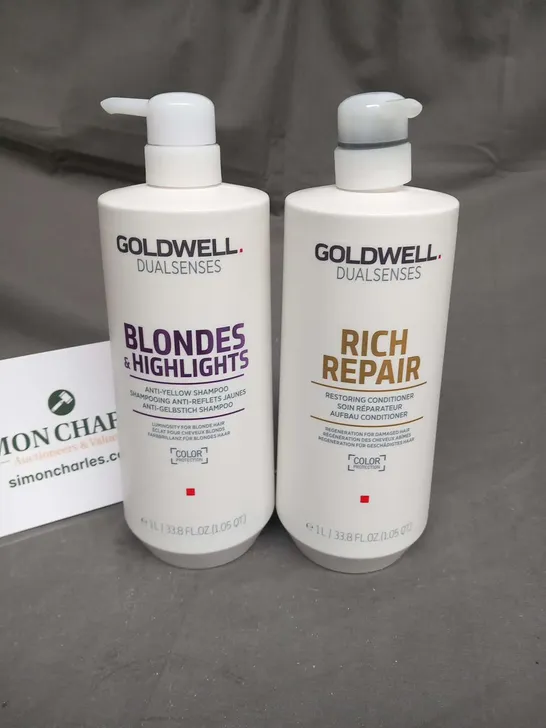 FOUR BOTTLES OF GOLDWELL 1L HAIR PRODUCTS TO INCLUDE; RICH REPAIR RESTORING CONDITIONER AND BLONDES AND HIGHLIGHTS ANTI YELLOW SHAMPOO