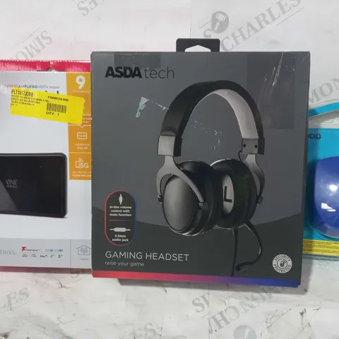 BOX OF APPROXIMATELY 20 ASSORTED ELECTRICAL ITEMS TO INCLUDE RAPOO M100 SILENT MOUSE, ASDA TECH GAMING HEADSET, ONE FOR ALL INDOOR AERIAL, ETC