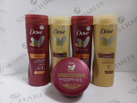 BOX OF APPROX 5 DOVE ITEMS TO INCLUDE PRO AGE CARE BODY LOTION AND SEL TAN LOTION - 4X400ML AND 1X250ML TUB