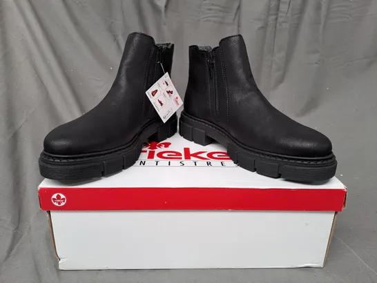 BOXED PAIR OF RIEKER CHUNKY ANKLE BOOTS IN BLACK - SIZE 6