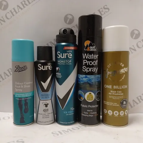 BOX OF APPROX 10 ASSORTED AEROSOLS TO INCLUDE SURE MEN DEODORANT, OUT&ABOUT WATER PROOF SPRAY, BOOTS ODOR FOOT SPRAY, ETC 