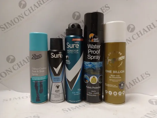 BOX OF APPROX 10 ASSORTED AEROSOLS TO INCLUDE SURE MEN DEODORANT, OUT&ABOUT WATER PROOF SPRAY, BOOTS ODOR FOOT SPRAY, ETC 