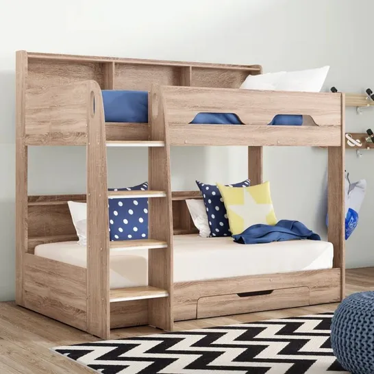 BOXED LILIANNA SINGLE 3' STANDARD BUNK BED WITH SHELVES - SONOMA OAK (4 BOXES)