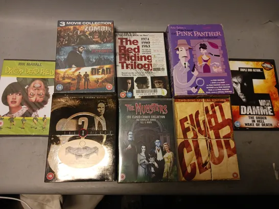 BOX OF APPROX 20 ASSORTED DVDS TO INCLUDE - VAN DAMME THE ORDER IN HELL WAKE OF DEATH, FLIGHT CLUB , PINK PANTHER FILM COLLECTION ETC