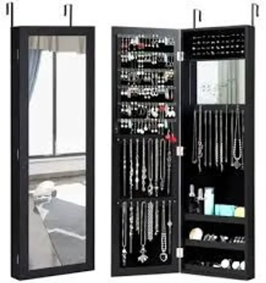 BOXED COSTWAY LED LIGHTS WALL DOOR MOUNTED JEWELLERY CABINET WITH FULL LENGTH MIRROR