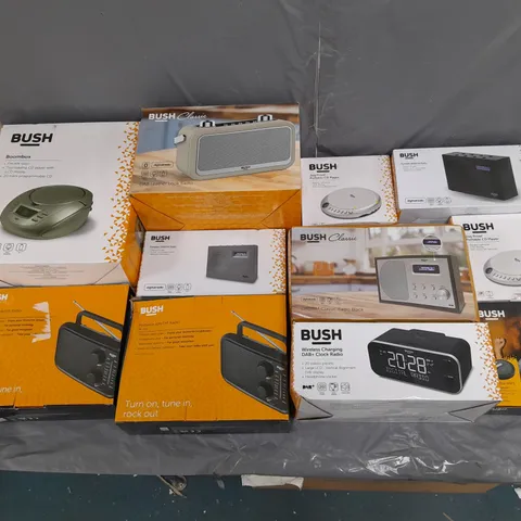 BOX OF APPROXIMATELY 10 ASSORTED AUDIO ITEMS BY BUSH TO INCLUDE CD PLAYER, PORTABLE DAB RADIO, AND DAB LEATHER LOOK RADIO ETC. 