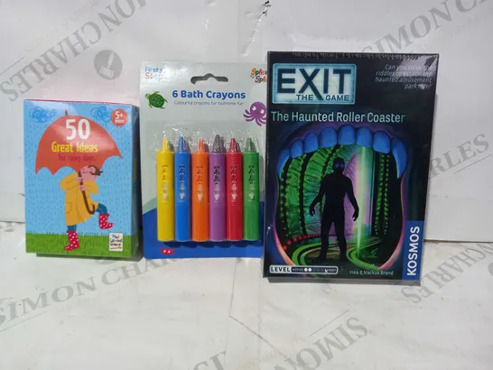 LOT OF APPROIMATELY 15 ASSORTED TOYS AND GAMES TO INCLUDE 50 GREAT IDEAS FOR RAINY DAYS, FIRST STEPS 6 BATH CRAYONS, KOSMOS EXIT THE GAME HAUNTED ROLLER COASTER, ETC