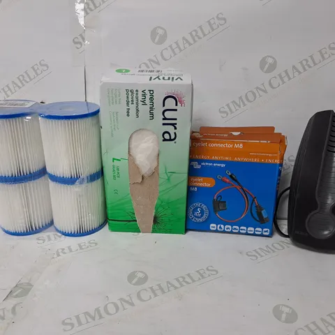 LARGE QUANTITY OF ASSORTED PRODUCTS TO INCLUDE AQUARIUM FILTER, POOL FILTERS, PREMIUM VINYL EXAMINATION GLOVES, EYELET CONNECTOR 