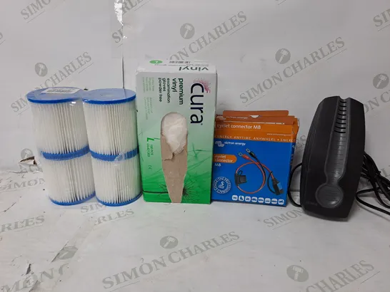 LARGE QUANTITY OF ASSORTED PRODUCTS TO INCLUDE AQUARIUM FILTER, POOL FILTERS, PREMIUM VINYL EXAMINATION GLOVES, EYELET CONNECTOR 