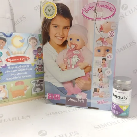 3 ASSORTED PRODUCTS TO INCLUDE; BABY ANNABELL, BIO SYNERGY BEAUTY FROM WITHIN AND MELISSA AND DOUG MAGNETIC DRESS UP