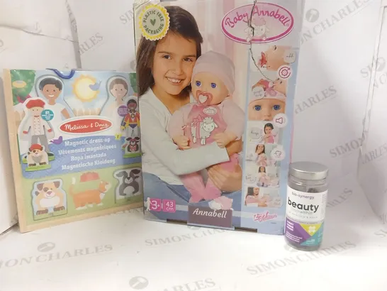 3 ASSORTED PRODUCTS TO INCLUDE; BABY ANNABELL, BIO SYNERGY BEAUTY FROM WITHIN AND MELISSA AND DOUG MAGNETIC DRESS UP