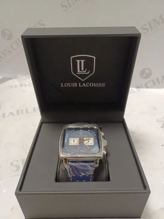 MENS LOUIS LACOMBE WATCH – SQUARE DIAL WITH WHITE SUB DIALS – LEATHER STRAP