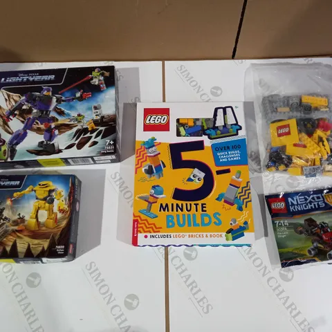 LOT OF 5 ASSORTED LEGO SETS TO INCOUDE LIGHTYEAR, NEXO KNKIGHTS, 5 MINUTE BUILDS ETC