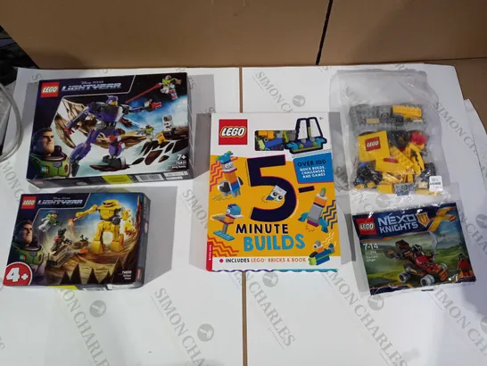 LOT OF 5 ASSORTED LEGO SETS TO INCOUDE LIGHTYEAR, NEXO KNKIGHTS, 5 MINUTE BUILDS ETC