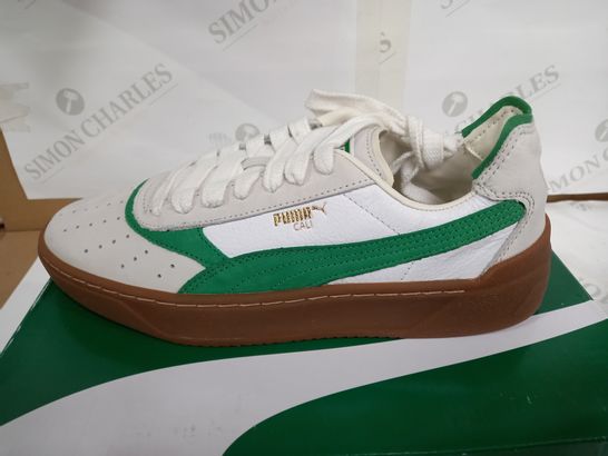 BOXED PAIR OF PUMA WHITE/GREEN CALI-O-VINTAGE TRAINERS - UK 6 1/2