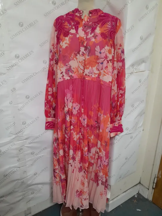 MONSOON LONG SLEEVE BUTTON UP EMBROIDERED MAXI DRESS IN PINK FLORAL SIZE 22 RRP £150