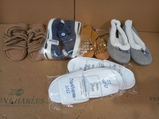 BOX OF APPROXIMATELY 10 PAIRS OF DESIGNER FOOTWEAR TO INCLUDE GREY SLIPPERS, ROPE EFFECT SANDALS, FLIP FLOPS, ETC